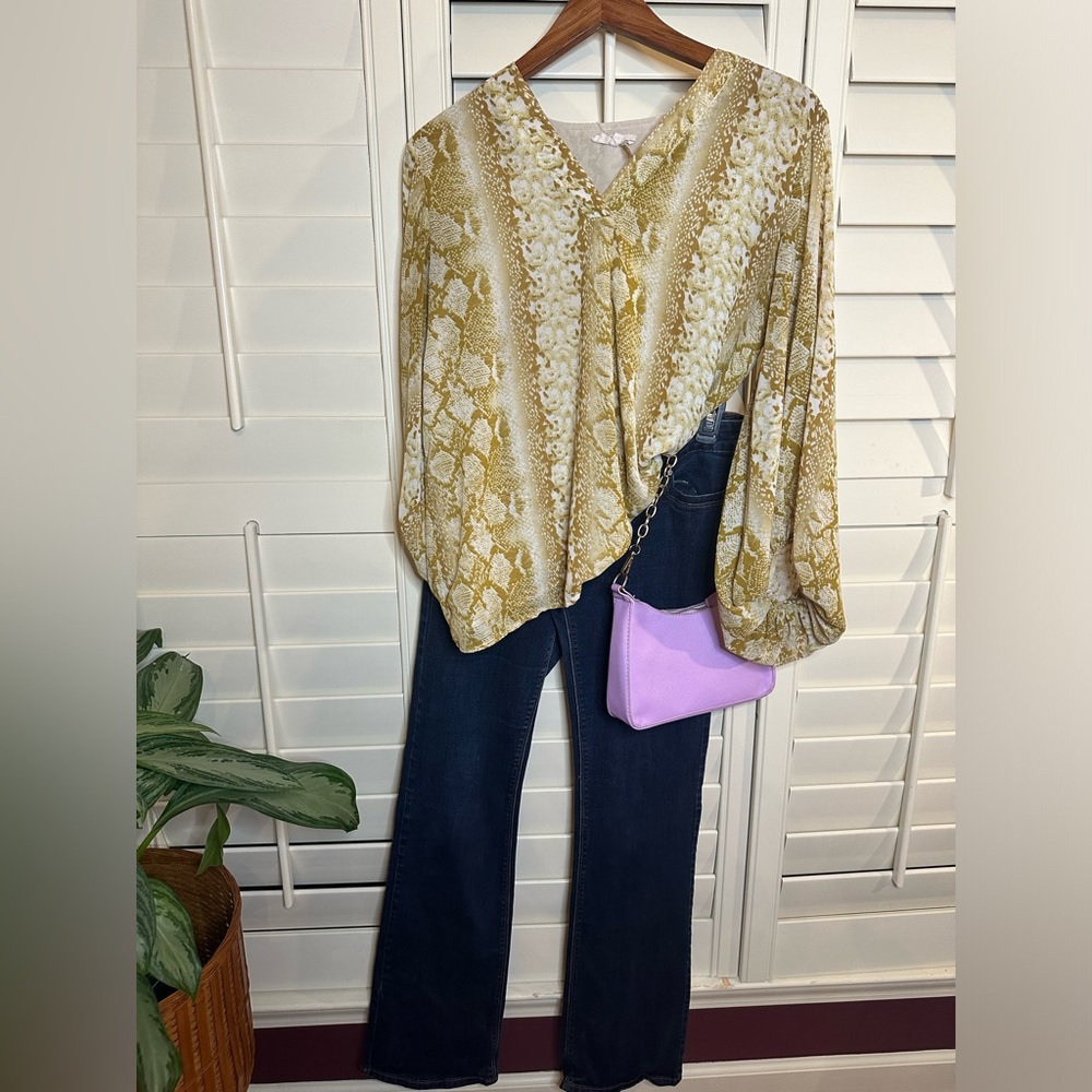 Yellow snakeskin print bell sleeve blouse